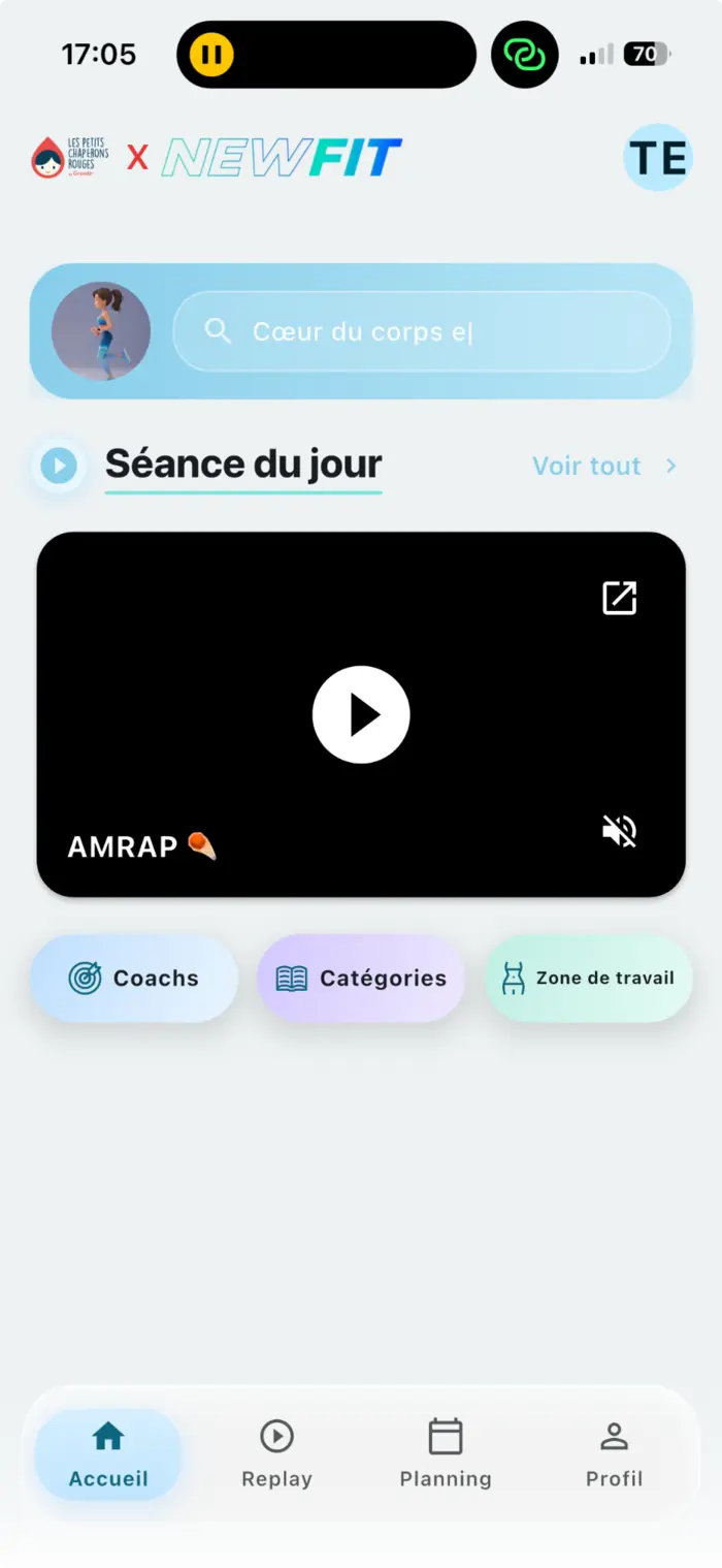 Écran d’accueil de l’application LPCR × NewFit