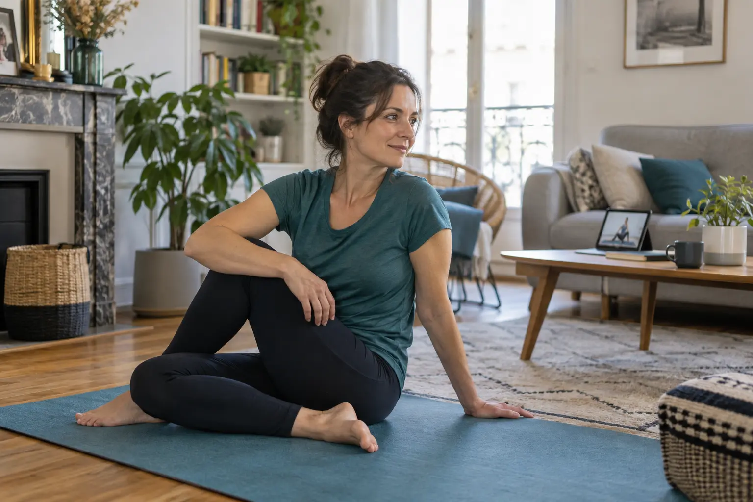 Une femme suit une séance de mobilité NewFit chez elle