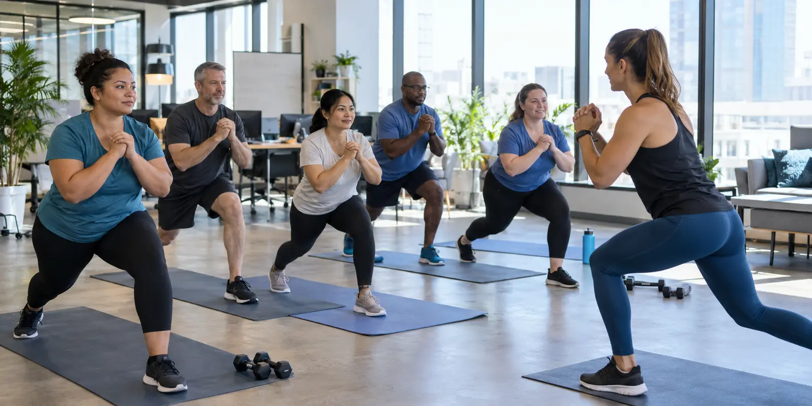 Une coach anime un cours collectif NewFit pour un groupe d’adultes