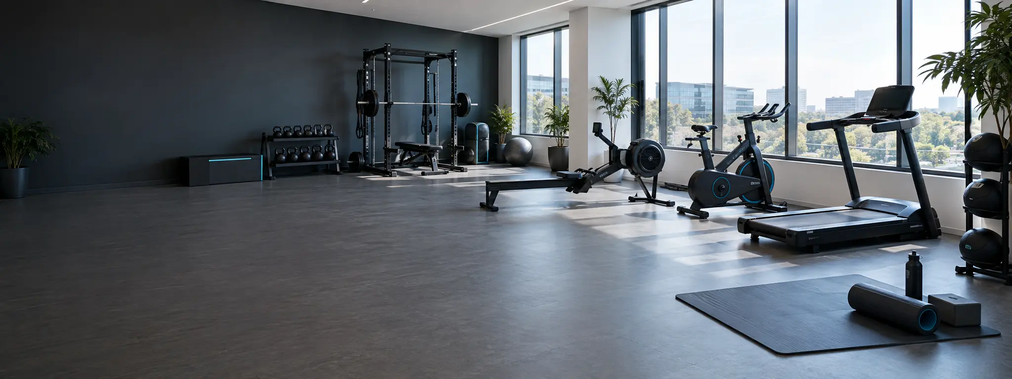 Salle de sport moderne équipée pour le cardio, le renforcement et la mobilité